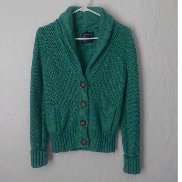 AEO American Eagle Outfitters Green Blue Wool Rabbit Hair Cardigan Sweater Small - Picture 11 of 11